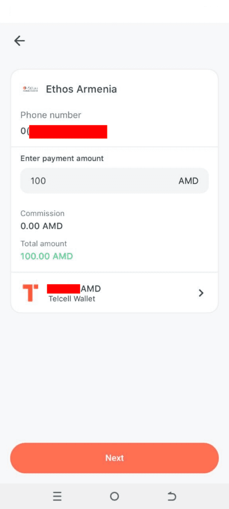 Окно перевода в приложении Telcell Wallet